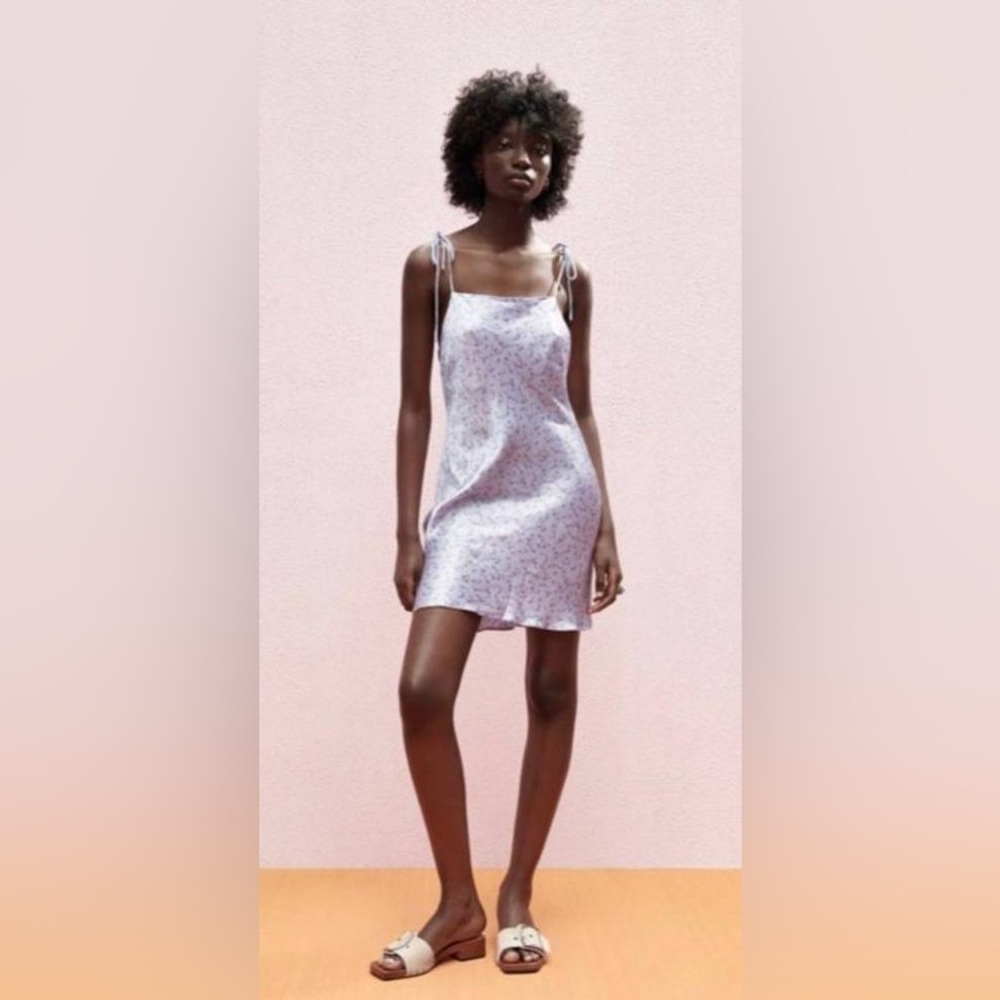 Zara Lilac Floral Sleeveless Satin Look & Feel Mini Ditsy Slip Dress NWT S